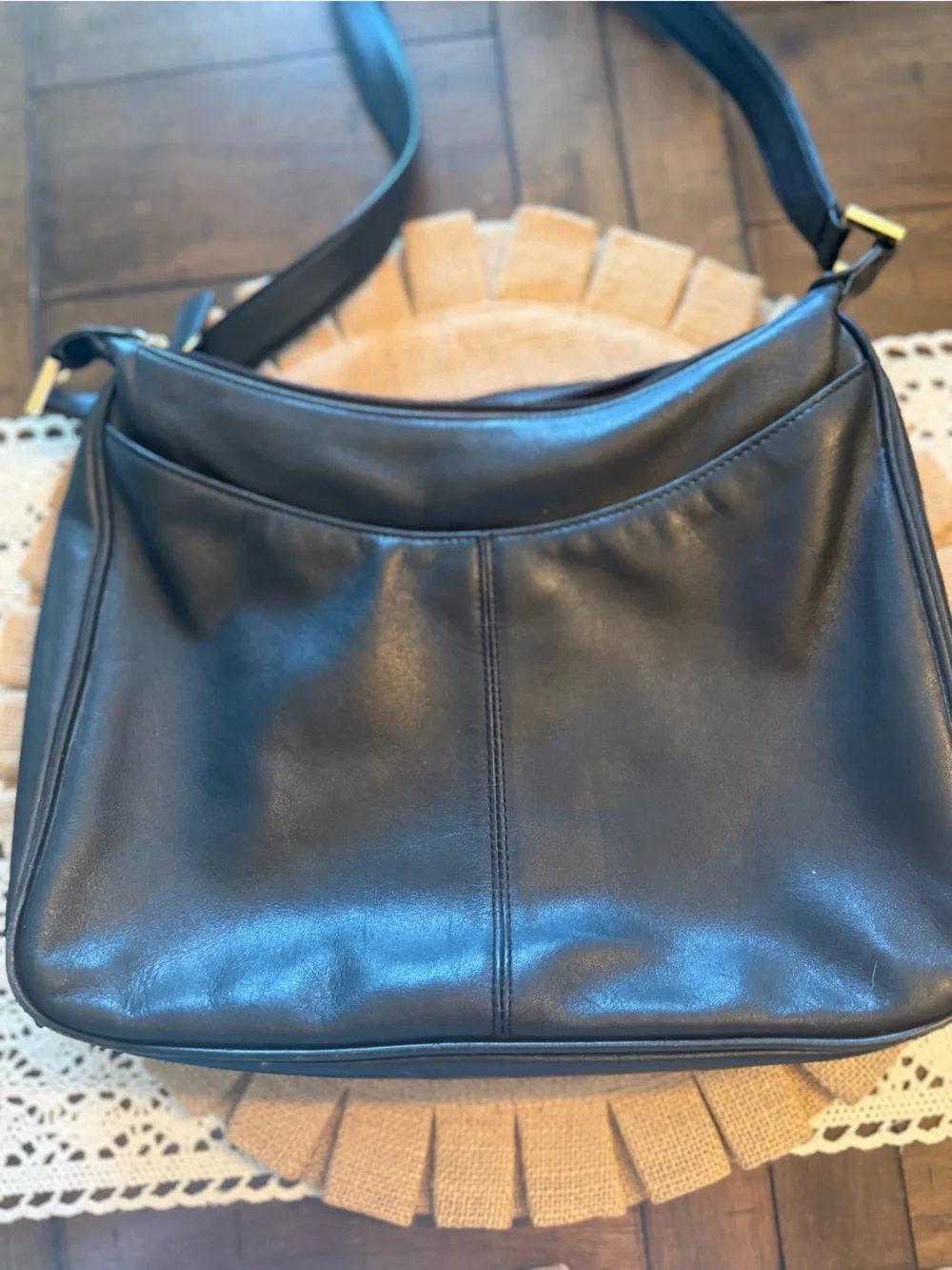 Vintage Etienne Aigner Black Leather Messenger Bag with Gold Logo